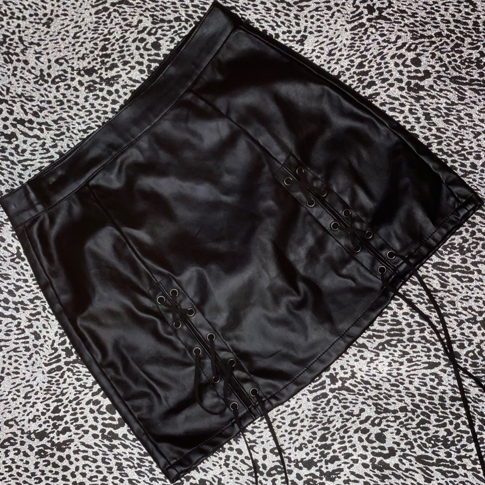 Faux Leather Mini Skirt — Lace Split Detail